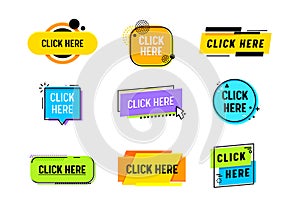 Set of Icons Click Here or Promo Banner, Promotion, Button to Enter on Web Page. Digital Pointer, Navigation for Website