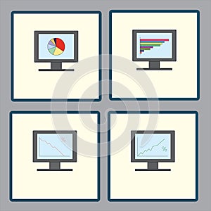 Set of icons with computer monitors with analytical graphs charts for report, business reporting