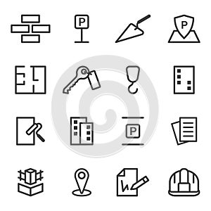 A set of icons for a construction site. Linear representation of the elements of the services provided within the