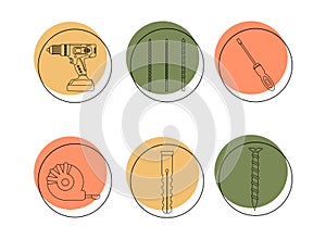 A set of icons of construction tools. Drilling machine, drill bits, screwdriver, self-tapping screw, dowel, tape measure