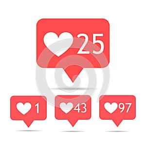 A set of icons counter notifications instagram. Follower. Icon set like 1, 25, 43, 97 insta symbol isolated on white. Social media photo