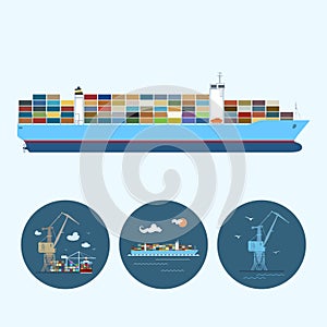 Set icons with crane, cargo containership , the crane with containers in dock, vector illustration photo
