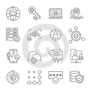 Set icons of cyber protection and Internet security. Technologes of Digital Safety. Vector Line Icons. Editable Stroke