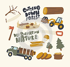 Set of Icons Deforestation and Tree Cutting Theme. Truck Transportation, Logs and Loader in Forest, Nature, Wooden Stump