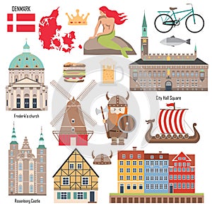 Set with icons of Denmark symbols