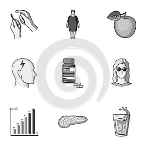 A set of icons about diabetes mellitus. Symptoms and treatment of diabetes. Diabetes icon in set collection on