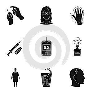 A set of icons about diabetes mellitus. Symptoms and treatment of diabetes. Diabetes icon in set collection on black