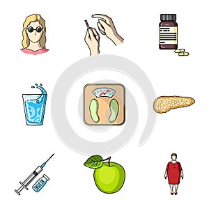 A set of icons about diabetes mellitus. Symptoms and treatment of diabetes. Diabetes icon in set collection on cartoon