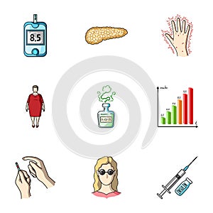 A set of icons about diabetes mellitus. Symptoms and treatment of diabetes. Diabetes icon in set collection on cartoon