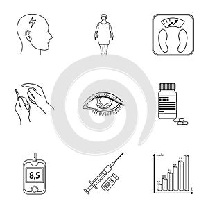 A set of icons about diabetes mellitus. Symptoms and treatment of diabetes. Diabetes icon in set collection on outline