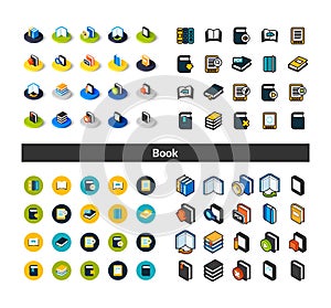 Set of icons in different style - isometric flat and otline, colored and black versions