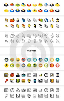 Set of icons in different style - isometric flat and otline, colored and black versions