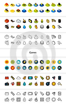 Set of icons in different style - isometric flat and otline, colored and black versions