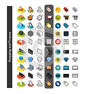 Set of icons in different style - isometric flat and otline, colored and black versions