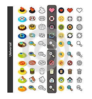 Set of icons in different style - isometric flat and otline, colored and black versions