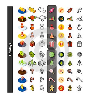 Set of icons in different style - isometric flat and otline, colored and black versions