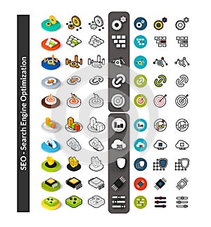 Set of icons in different style - isometric flat and otline, colored and black versions