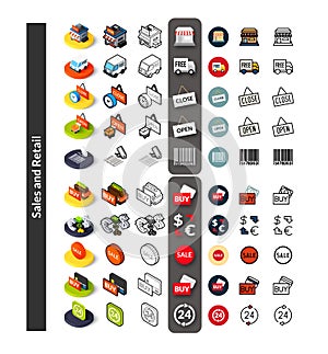 Set of icons in different style - isometric flat and otline, colored and black versions