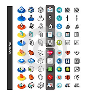 Set of icons in different style - isometric flat and otline, colored and black versions