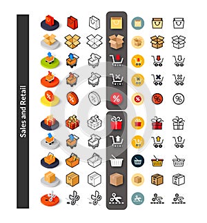 Set of icons in different style - isometric flat and otline, colored and black versions