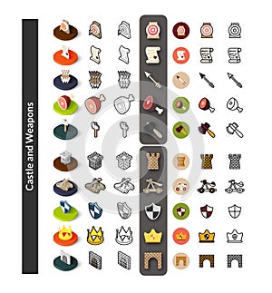 Set of icons in different style - isometric flat and otline, colored and black versions