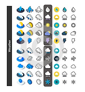 Set of icons in different style - isometric flat and otline, colored and black versions