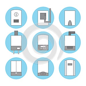 Set of icons of different white gas boilers on blue background