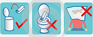 Set  of icons for  disposable baby changing pads: throw it to the litter bin, do not throw it into toilet, do not put it on your h