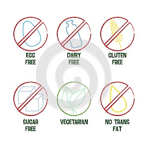 Set of icons: Egg free, Dairy free, Gluten free, sugal free, Vegeterian, No trans fat.