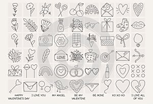 Set of icons, elements for Valentine\'s day, declarations of love and wedding doodles.