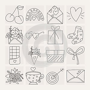 Set of icons, elements for Valentine\'s day, declarations of love and wedding doodles.