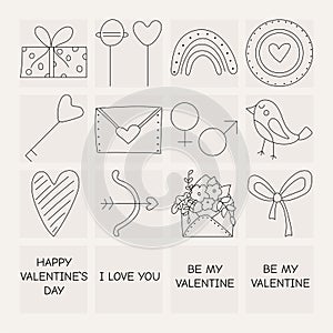 Set of icons, elements for Valentine\'s day, declarations of love and wedding doodles.