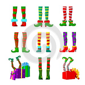 Set of Icons Elves Legs, Christmas Design Elements, Cute Funny Feet of Xmas Character in Striped Stoking and Nosy Shoes