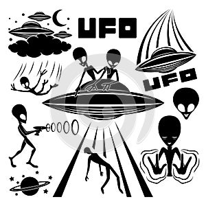 Set of icons with extraterrestrial aliens.