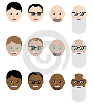 Set of icons, the faces of Asians, Europeans, Africans. Flat style.