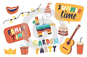 Set of Icons Family Garden Party Theme. Summer Time Leisure, Outdoor Recreation Activity, Guitar, Pinata, Smiling Lips