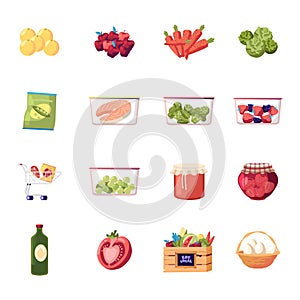 Set of Icons Farm Products Fresh Fruit, Vegetable and Eggs, Raw Fish and Frozen Veggies