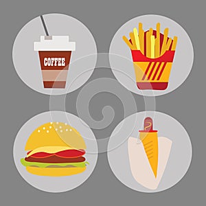 Set of icons fast food coffee potato hamburger hot dog on a background