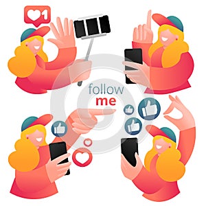Set of icons with female blogger using mobile phone and social media to promote services and goods for followers online