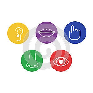 Set of icons of the five human senses: sight, smell, hearing, touch, taste.