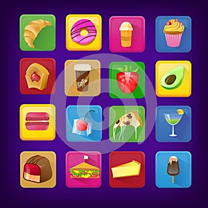 Set of icons with food and drinks for restaurant or commercial. colorful vector illustration