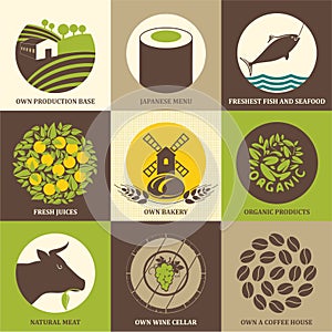 Set of icons for food, restaurants, cafes and supermarkets. Organic food vector illustration