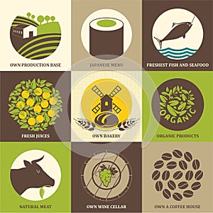 Set of icons for food, restaurants, cafes and supermarkets. Organic food vector illustration photo