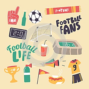 Set of Icons Football Fans Attribution Theme. Soccer Ball, Gates and Stadium, Winner Cup, Sportsman Uniform, Soda Drink photo