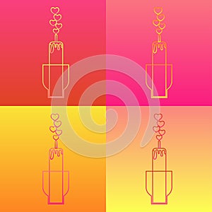 Set of icons on four colorful backgrounds. Romantic candle in stand and fire in shape of hearts.