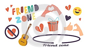 Set of Icons Friend Zone Theme. Circle, Crossed and Broken Heart, Guitar and Hand Gestures, Wrapped Gift, Smile Emoji