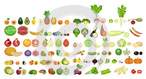 Set of icons of fruits and vegetables of different species are whole and in section.