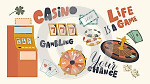 Set of Icons Gambling Games. Slot Machine or One-armed Bandit, Roulette and Playing Cards, Lucky Clover, Game of Chance