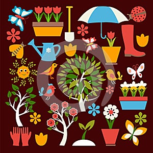 Set icons of gardening and spring related items