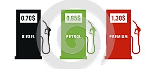 Set of icons of gas station with petrol gun and price for the diesel or petrol, three colors, red, green and black